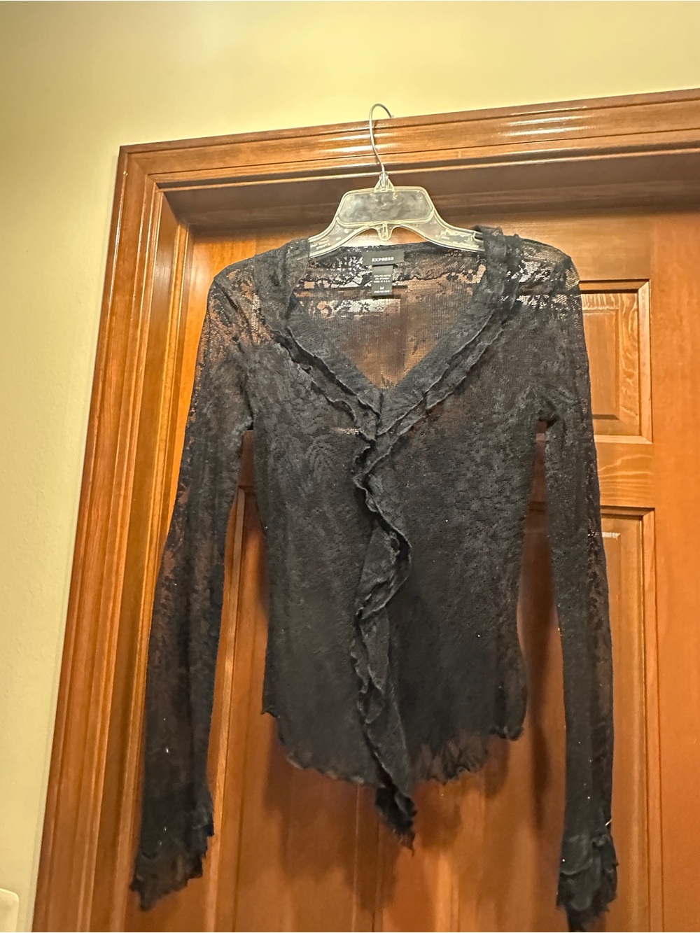 Express Black Lace Ruffle-Front Long Sleeve Top